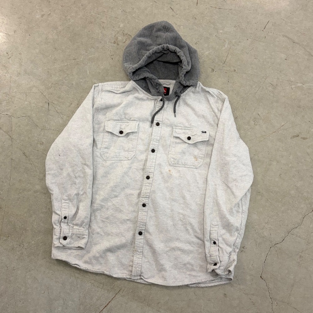 Quiksilver Mens XL Hooded Flannel Shirt Jacket Gray Long Sleeve Button Up Hoody
